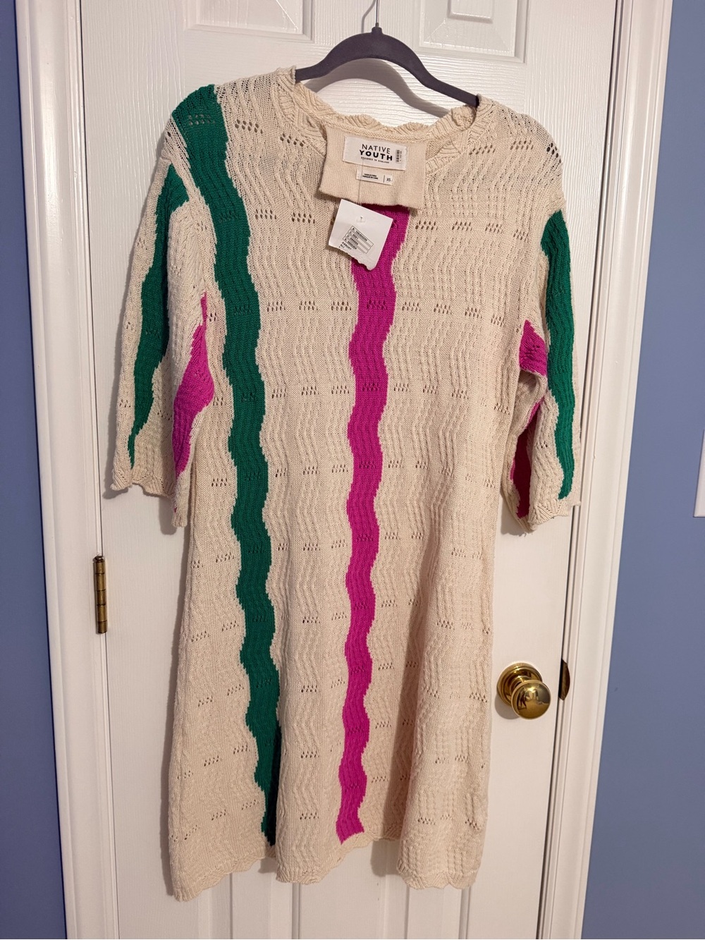 NATIVE YOUTH Cream Knit Sweater Dress with Pink & Green Wave Stripes
